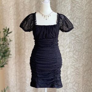 NWOT Blāshe Black Ruched Mesh Mini Dress Gothic Coquette Puff Sleeve Sz M